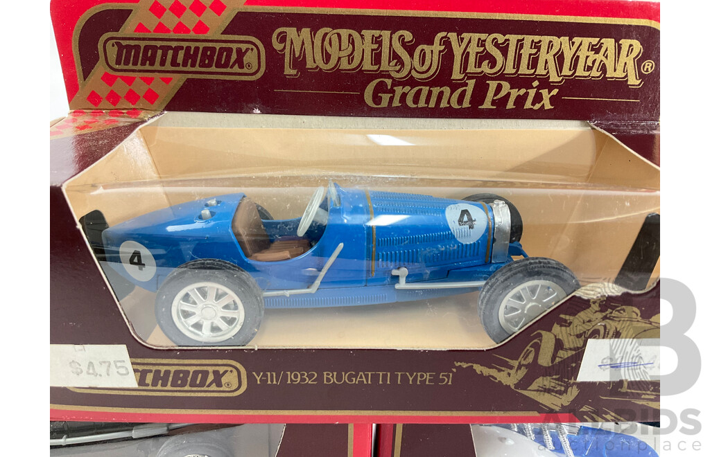Three Matchbox Models of Yesteryear Classic Cars Including 1936 Auburn Speester, 1932 Bugatti Type 51, 1935 E.R.A 'R.1.B'