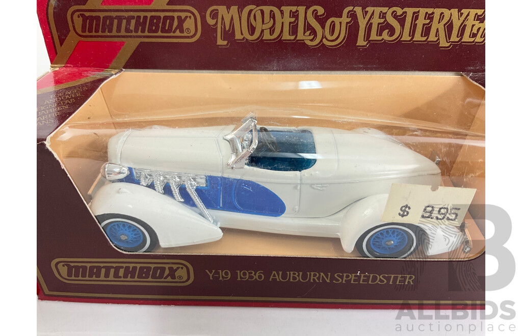 Three Matchbox Models of Yesteryear Classic Cars Including 1936 Auburn Speester, 1932 Bugatti Type 51, 1935 E.R.A 'R.1.B'