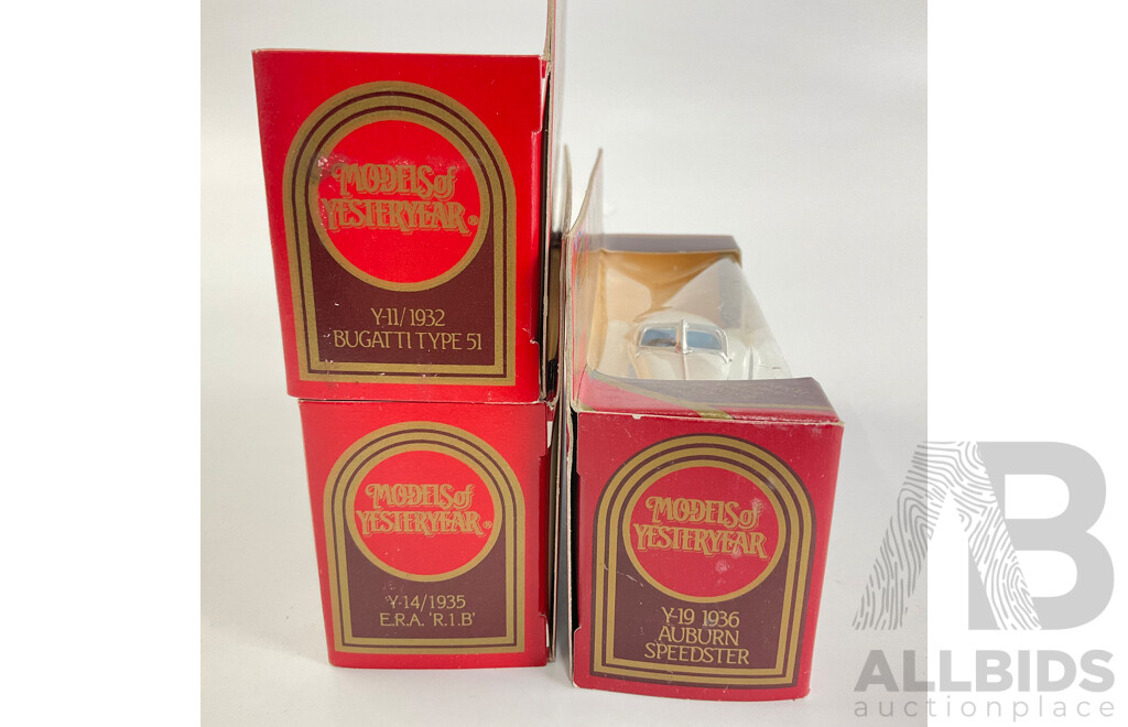 Three Matchbox Models of Yesteryear Classic Cars Including 1936 Auburn Speester, 1932 Bugatti Type 51, 1935 E.R.A 'R.1.B'