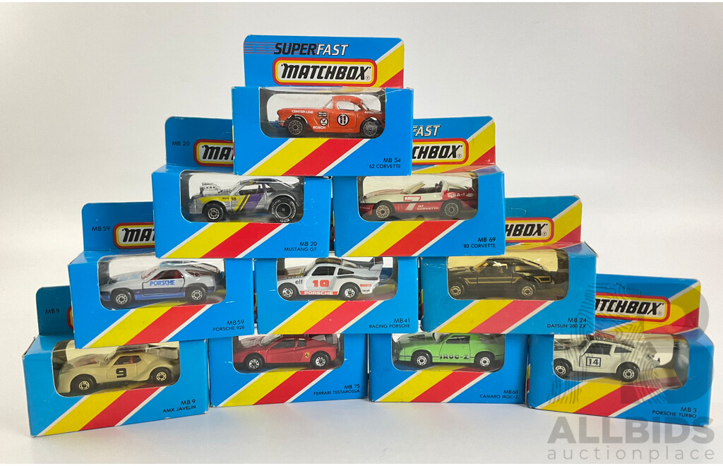 Ten Matchbox Sports Cars Including Porsche Turbo, Datsun 280SX, AMX Javelin, Mustang, Camaro, Ferrari, Corvette