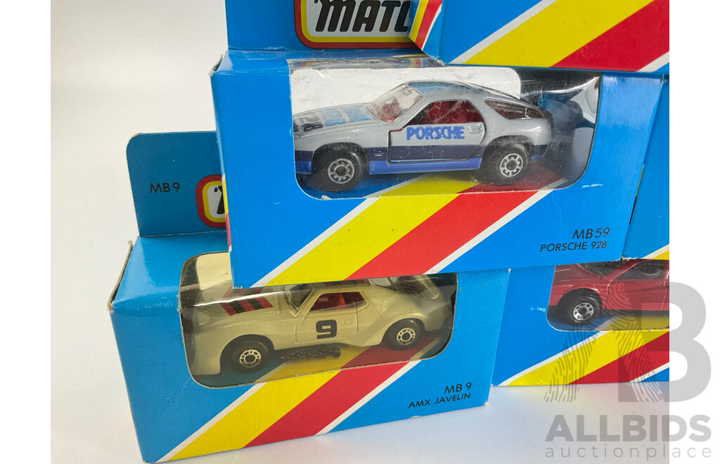 Ten Matchbox Sports Cars Including Porsche Turbo, Datsun 280SX, AMX Javelin, Mustang, Camaro, Ferrari, Corvette