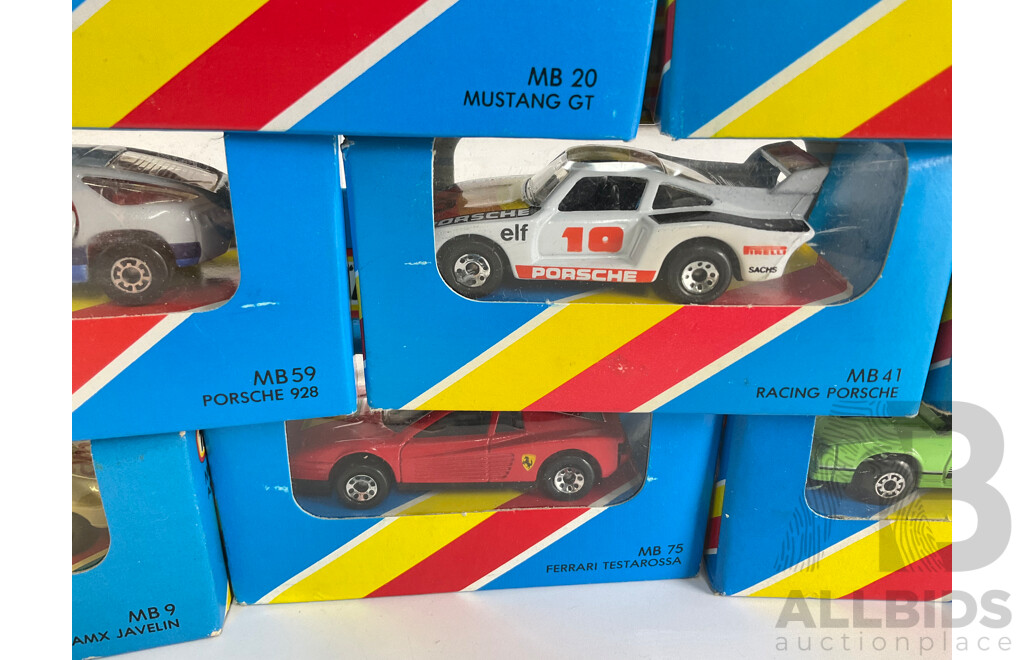 Ten Matchbox Sports Cars Including Porsche Turbo, Datsun 280SX, AMX Javelin, Mustang, Camaro, Ferrari, Corvette