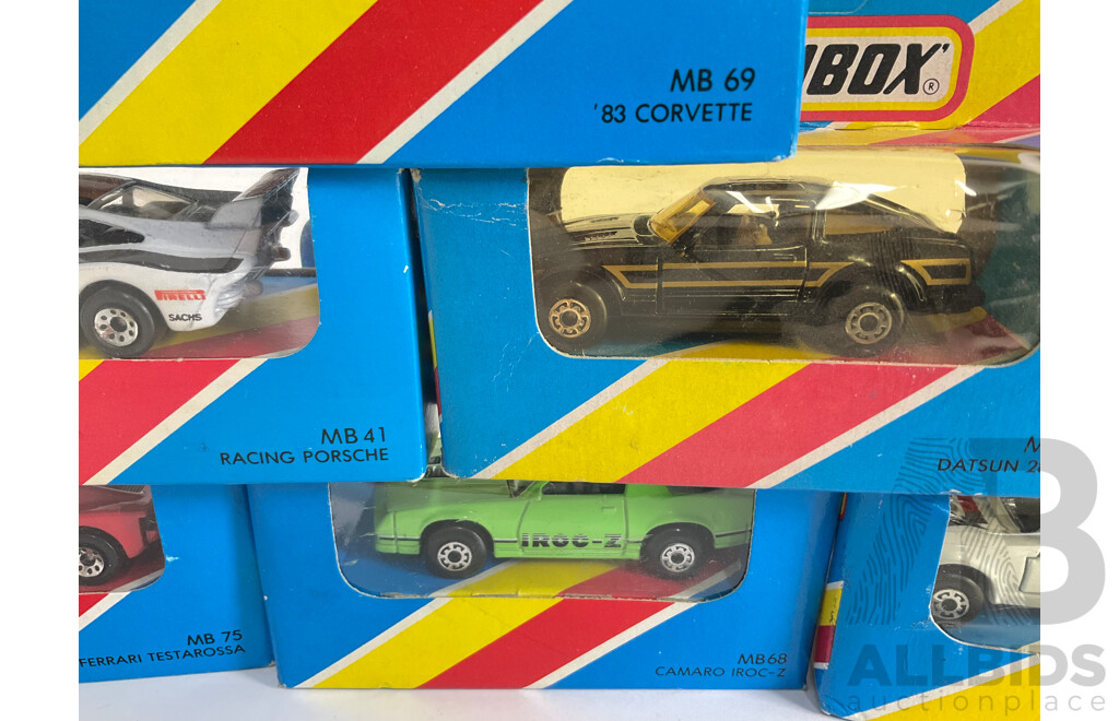 Ten Matchbox Sports Cars Including Porsche Turbo, Datsun 280SX, AMX Javelin, Mustang, Camaro, Ferrari, Corvette
