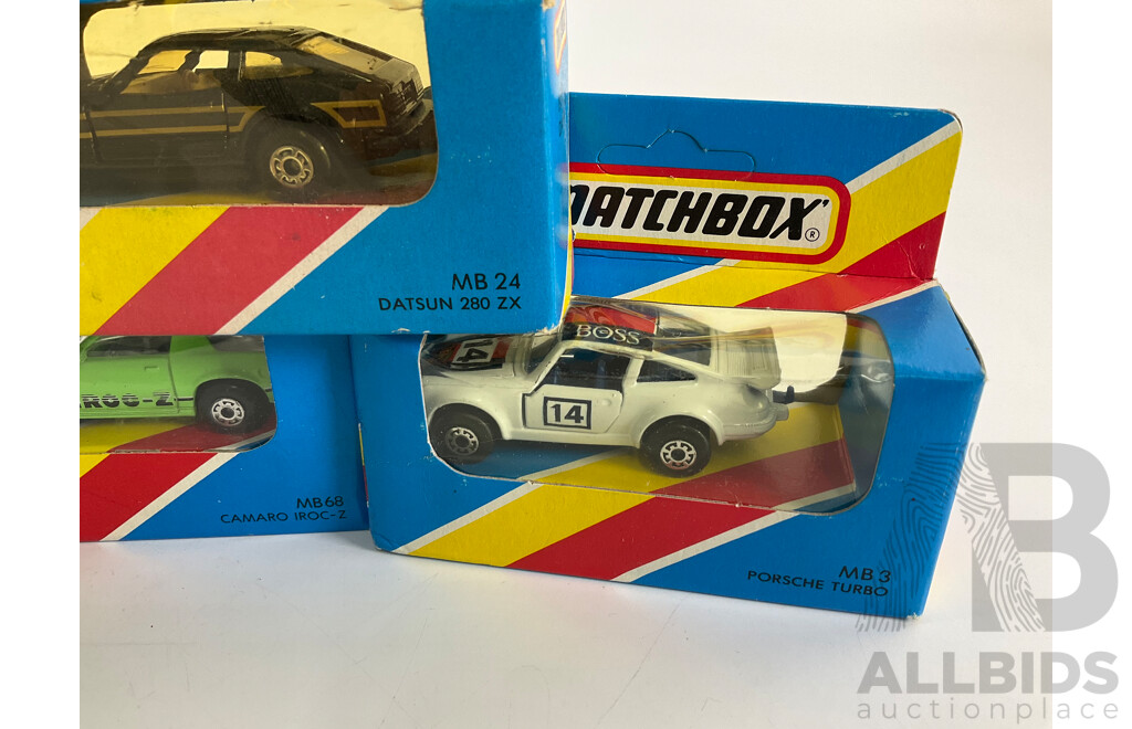Ten Matchbox Sports Cars Including Porsche Turbo, Datsun 280SX, AMX Javelin, Mustang, Camaro, Ferrari, Corvette