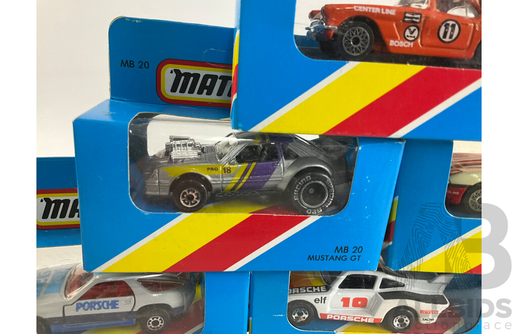 Ten Matchbox Sports Cars Including Porsche Turbo, Datsun 280SX, AMX Javelin, Mustang, Camaro, Ferrari, Corvette