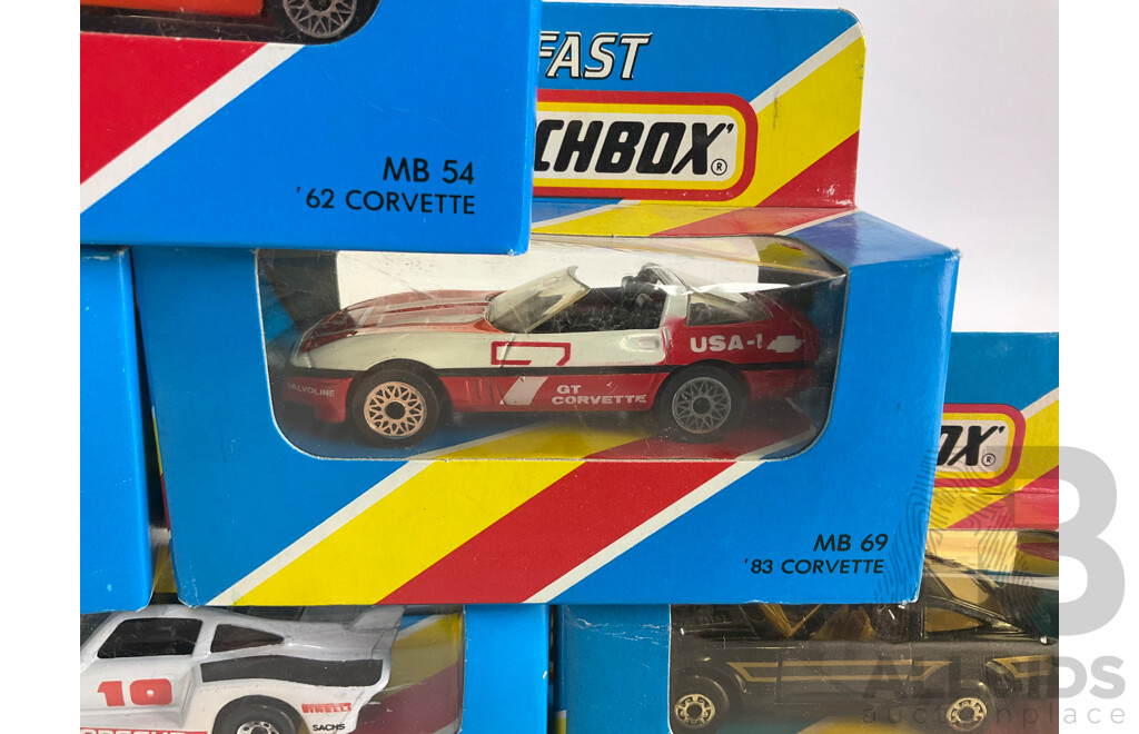 Ten Matchbox Sports Cars Including Porsche Turbo, Datsun 280SX, AMX Javelin, Mustang, Camaro, Ferrari, Corvette