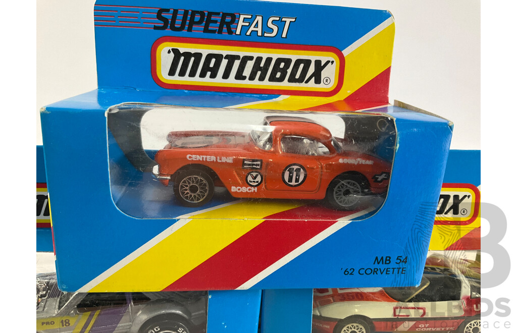 Ten Matchbox Sports Cars Including Porsche Turbo, Datsun 280SX, AMX Javelin, Mustang, Camaro, Ferrari, Corvette