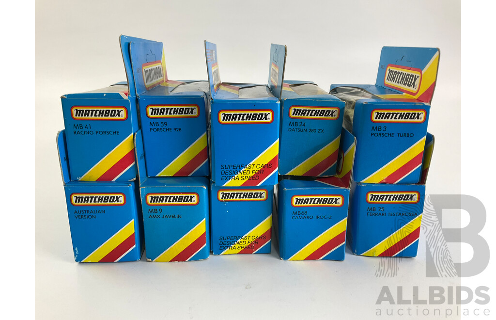 Ten Matchbox Sports Cars Including Porsche Turbo, Datsun 280SX, AMX Javelin, Mustang, Camaro, Ferrari, Corvette