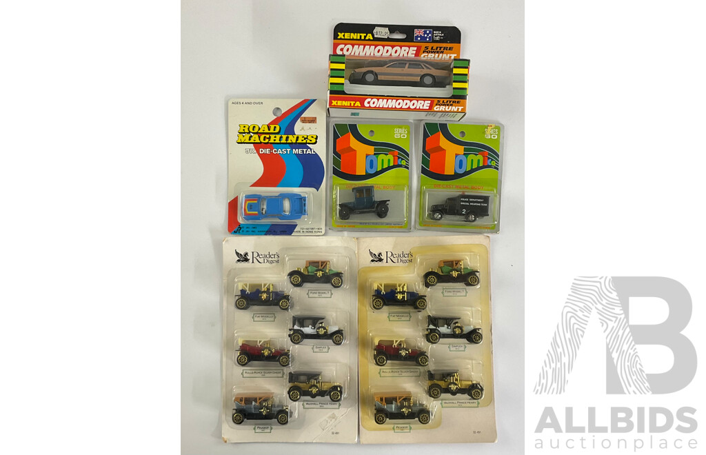 Vintage Xenita Holden VL Commodore Five Litre Power Grunt, Tomica Ford Model T and Police Weapons Team, Readers Digest Vintage Cars