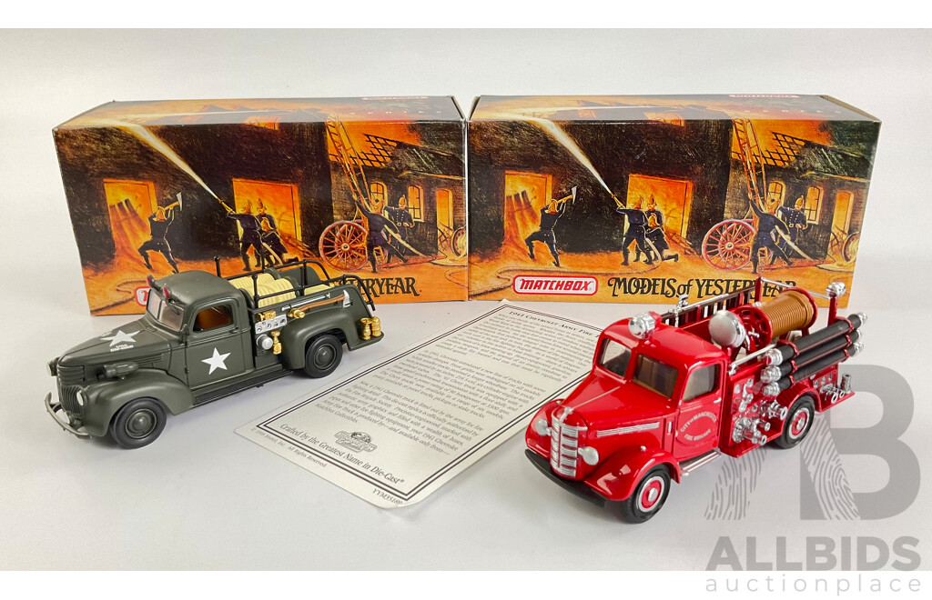 Matchbox Models of Yesteryear Fire Engine Series 1939 Bedford Pump and Hose Truck, 1941 Chevrolet Army Fire Truck