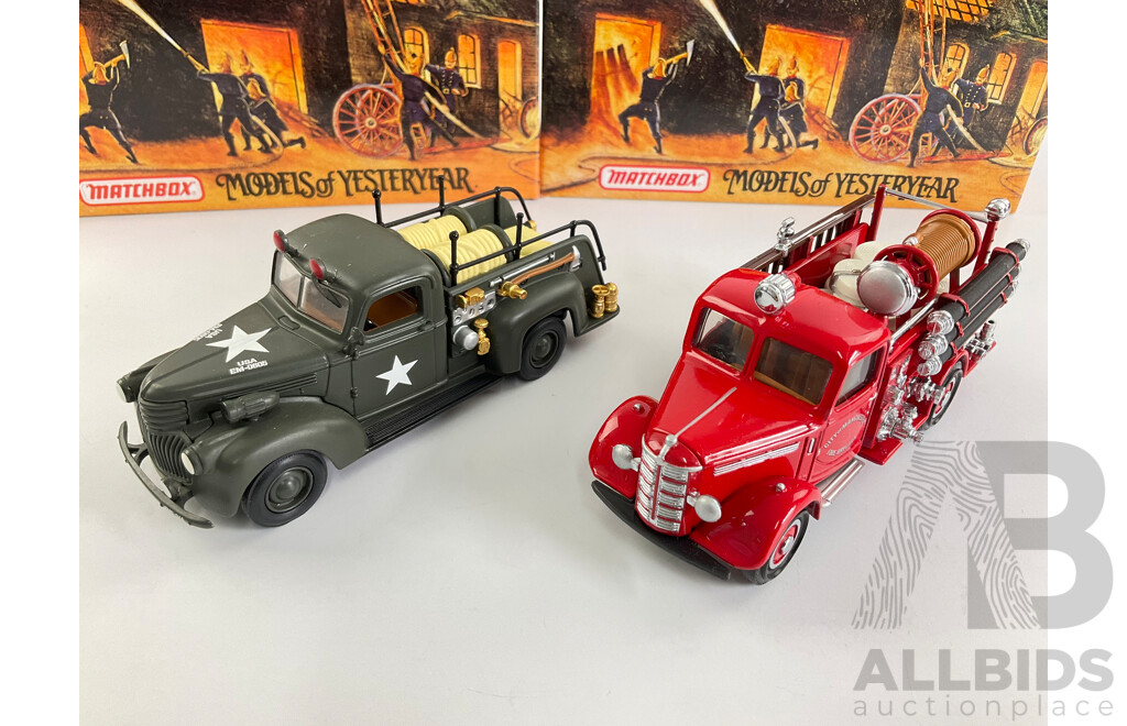 Matchbox Models of Yesteryear Fire Engine Series 1939 Bedford Pump and Hose Truck, 1941 Chevrolet Army Fire Truck