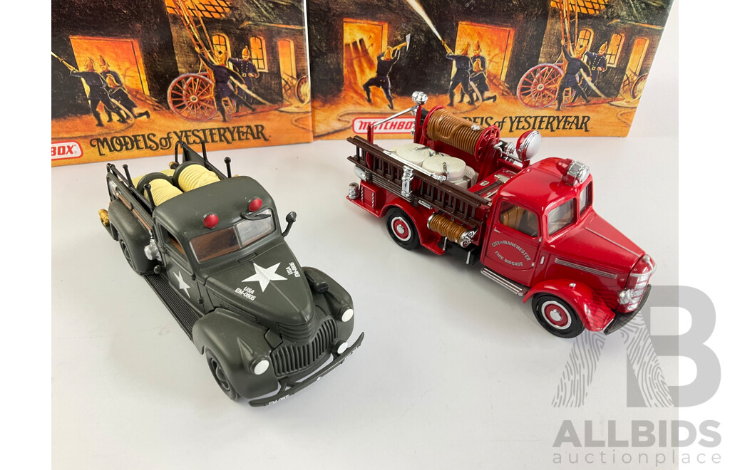 Matchbox Models of Yesteryear Fire Engine Series 1939 Bedford Pump and Hose Truck, 1941 Chevrolet Army Fire Truck