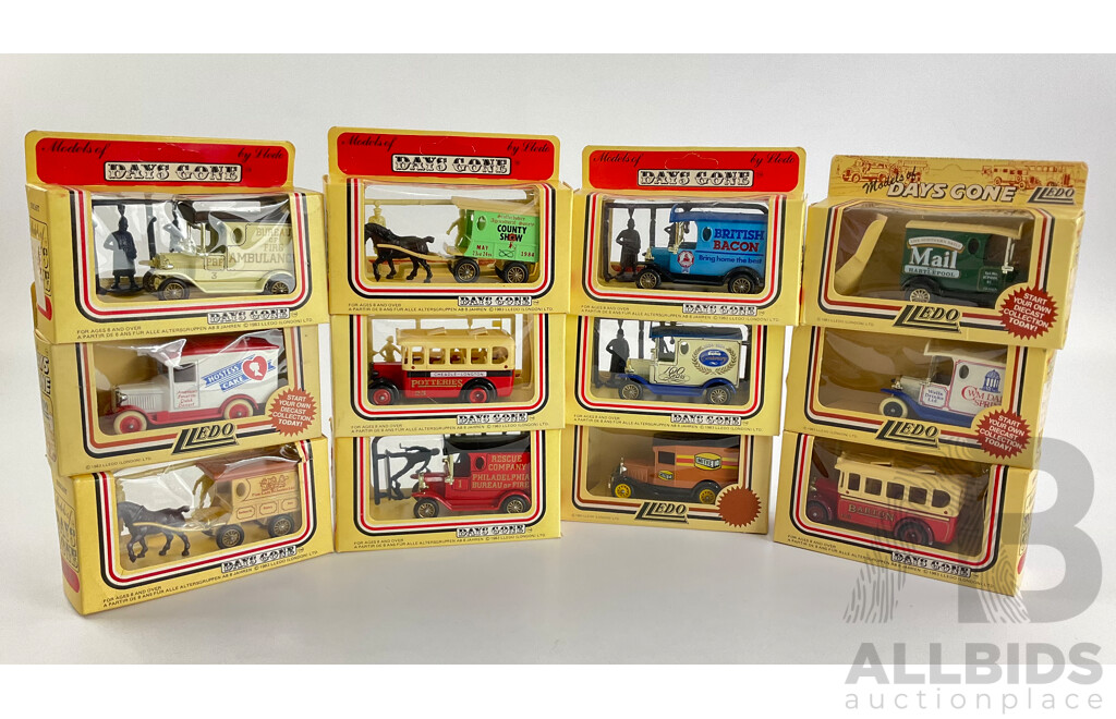 Twelve Lledo Models of Days Gone Promotional Trucks, Buses, Wagons and Figurines Including Philadelphia Bureau of Fire, Mitre Ten, Barton, Hostess Cake, British Bacon, CWM Dale Spring, Fine Lady Bakeries