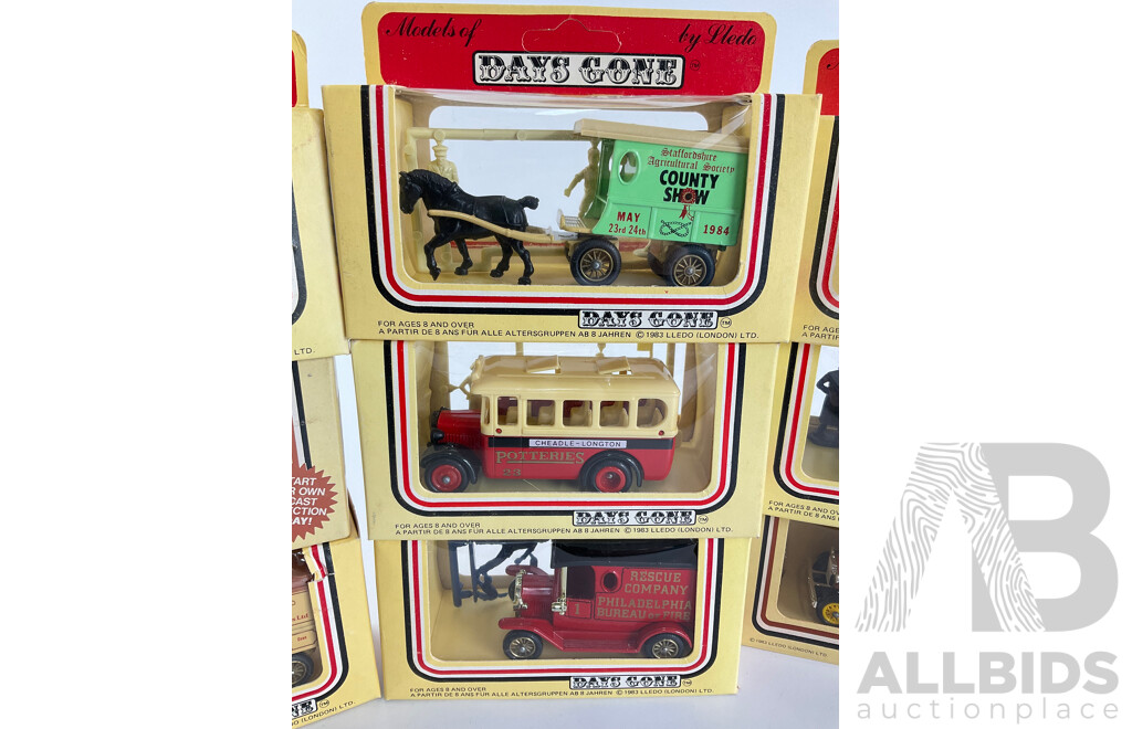 Twelve Lledo Models of Days Gone Promotional Trucks, Buses, Wagons and Figurines Including Philadelphia Bureau of Fire, Mitre Ten, Barton, Hostess Cake, British Bacon, CWM Dale Spring, Fine Lady Bakeries