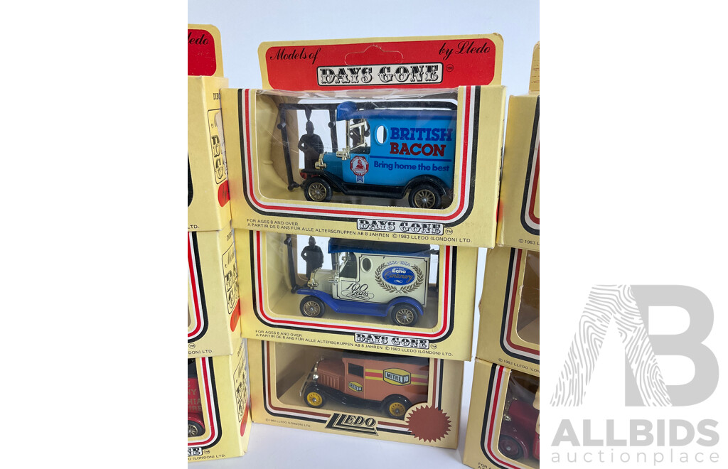 Twelve Lledo Models of Days Gone Promotional Trucks, Buses, Wagons and Figurines Including Philadelphia Bureau of Fire, Mitre Ten, Barton, Hostess Cake, British Bacon, CWM Dale Spring, Fine Lady Bakeries