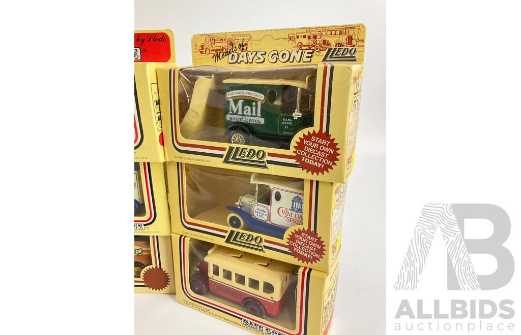 Twelve Lledo Models of Days Gone Promotional Trucks, Buses, Wagons and Figurines Including Philadelphia Bureau of Fire, Mitre Ten, Barton, Hostess Cake, British Bacon, CWM Dale Spring, Fine Lady Bakeries