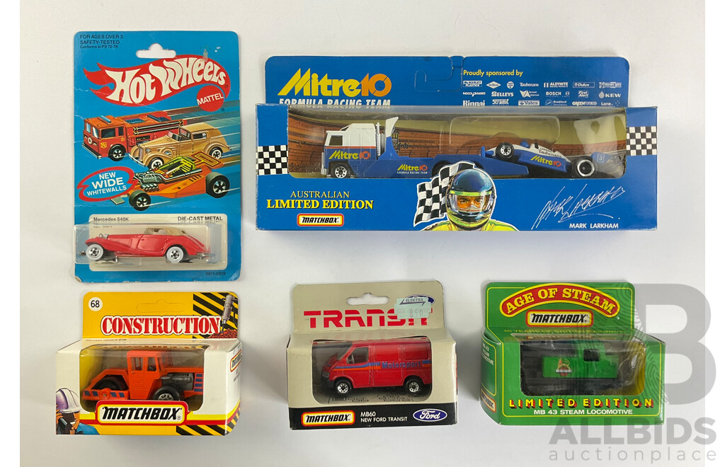 Vintage Matchbox Mitre Ten Formula Racing Team, Construction Road Roller, Age of Steam Locomotive, Ford Transit, Hot Wheels Mercedes 540 K