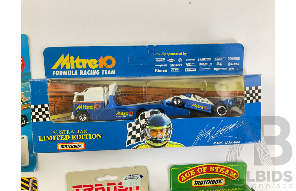 Vintage Matchbox Mitre Ten Formula Racing Team, Construction Road Roller, Age of Steam Locomotive, Ford Transit, Hot Wheels Mercedes 540 K