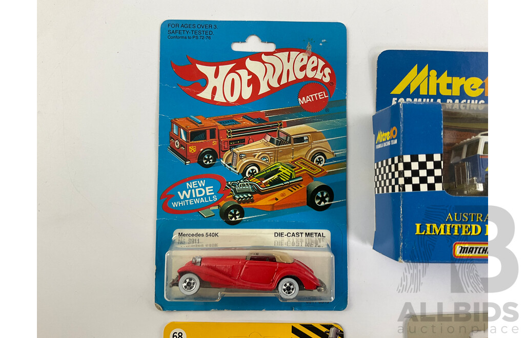 Vintage Matchbox Mitre Ten Formula Racing Team, Construction Road Roller, Age of Steam Locomotive, Ford Transit, Hot Wheels Mercedes 540 K