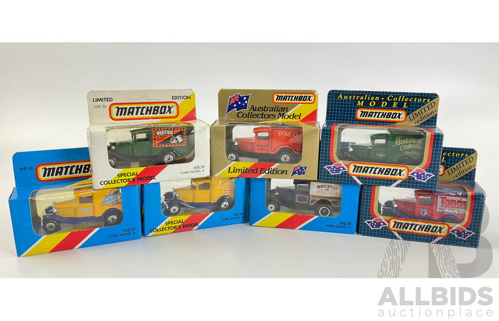 Seven Matchbox 1980's Collector's Models, Ford Model A Company Trucks Including Tandy, PMG, Matchbox Speed Shop, Weetbix, James Neal & Co