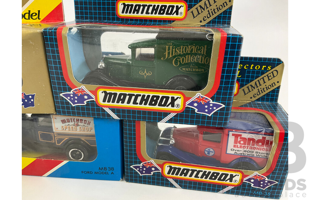 Seven Matchbox 1980's Collector's Models, Ford Model A Company Trucks Including Tandy, PMG, Matchbox Speed Shop, Weetbix, James Neal & Co