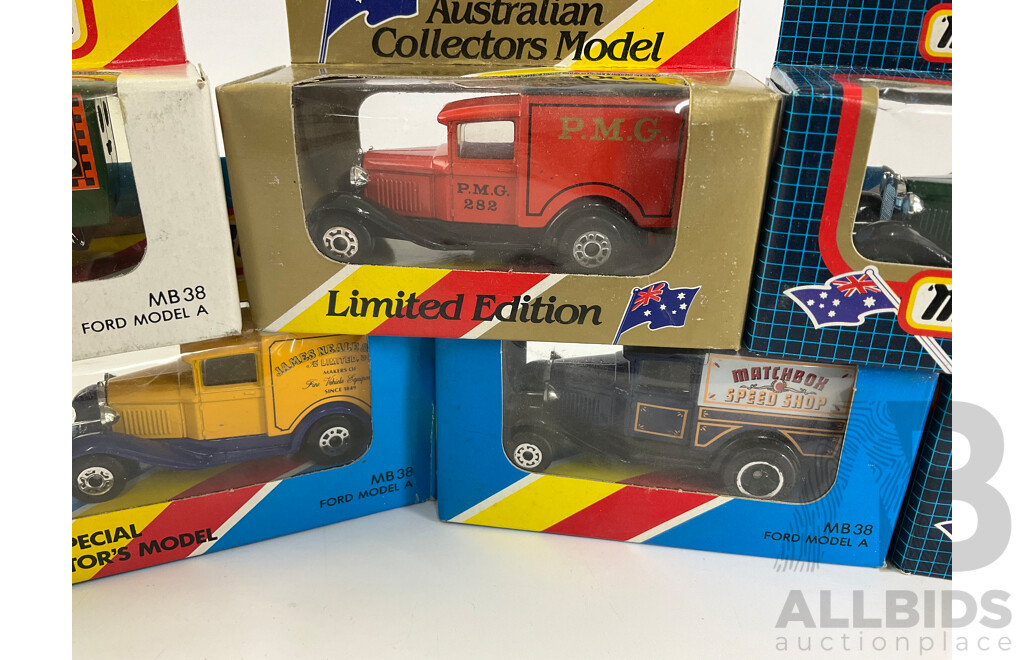 Seven Matchbox 1980's Collector's Models, Ford Model A Company Trucks Including Tandy, PMG, Matchbox Speed Shop, Weetbix, James Neal & Co