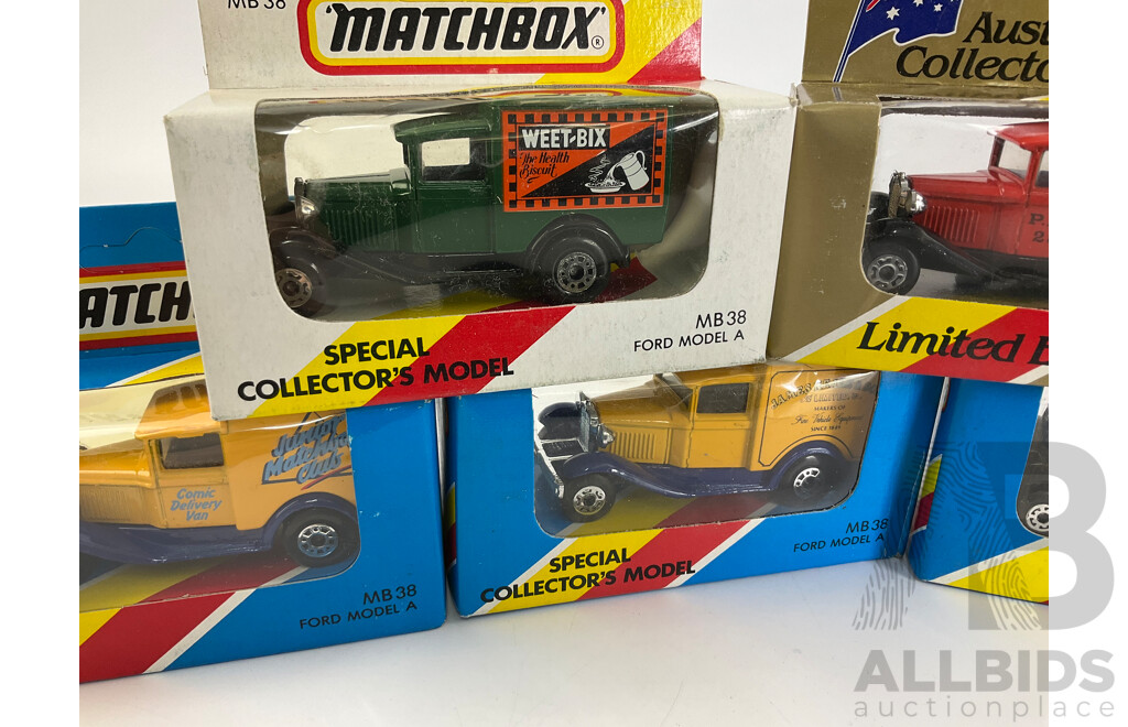 Seven Matchbox 1980's Collector's Models, Ford Model A Company Trucks Including Tandy, PMG, Matchbox Speed Shop, Weetbix, James Neal & Co