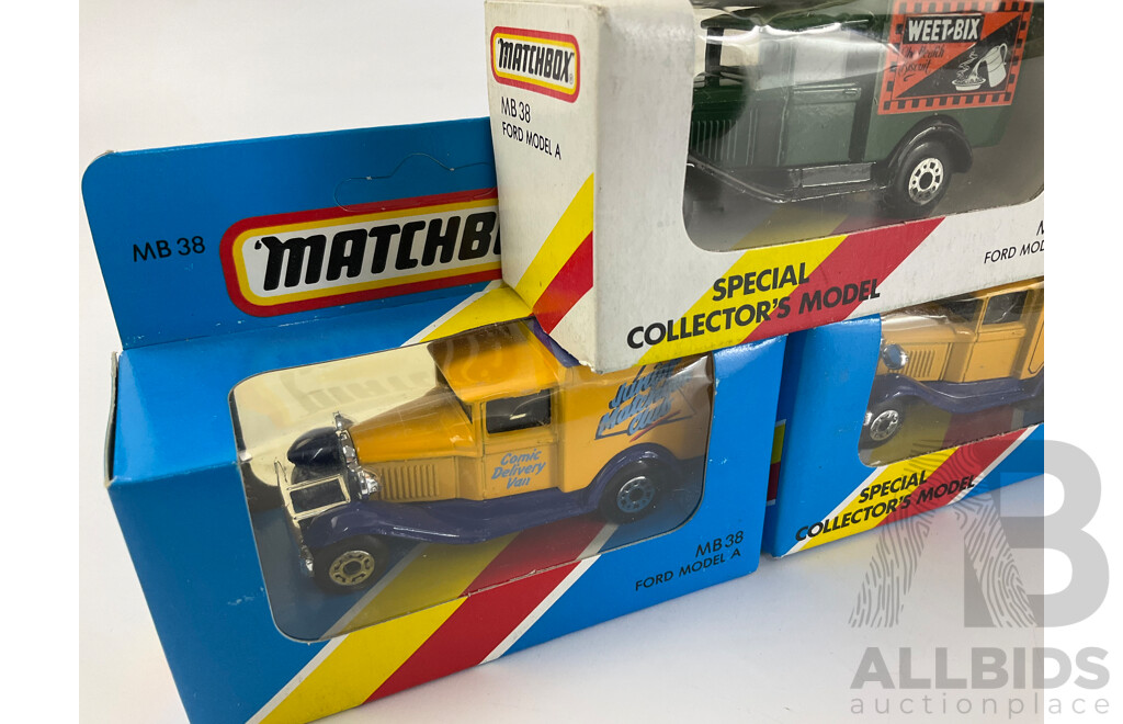 Seven Matchbox 1980's Collector's Models, Ford Model A Company Trucks Including Tandy, PMG, Matchbox Speed Shop, Weetbix, James Neal & Co