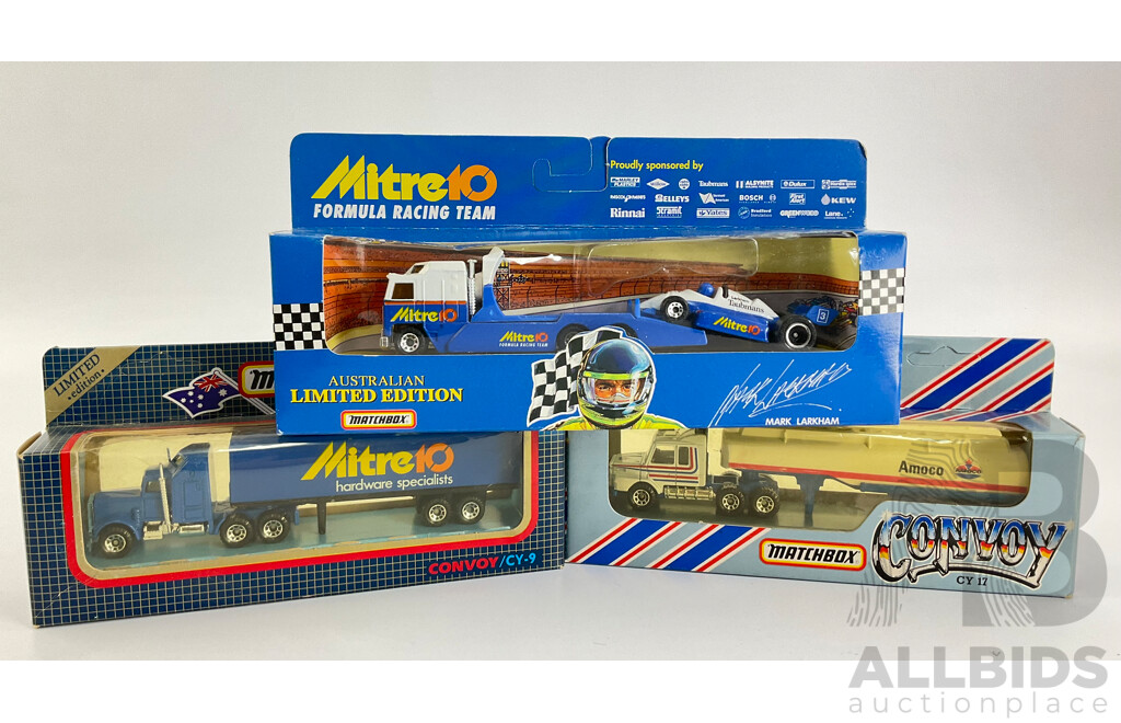 Vintage Matchbox Convoy Scania Petrol Tanker, Limited Edition Mitre Ten Truck and Mark Larkham Transporter