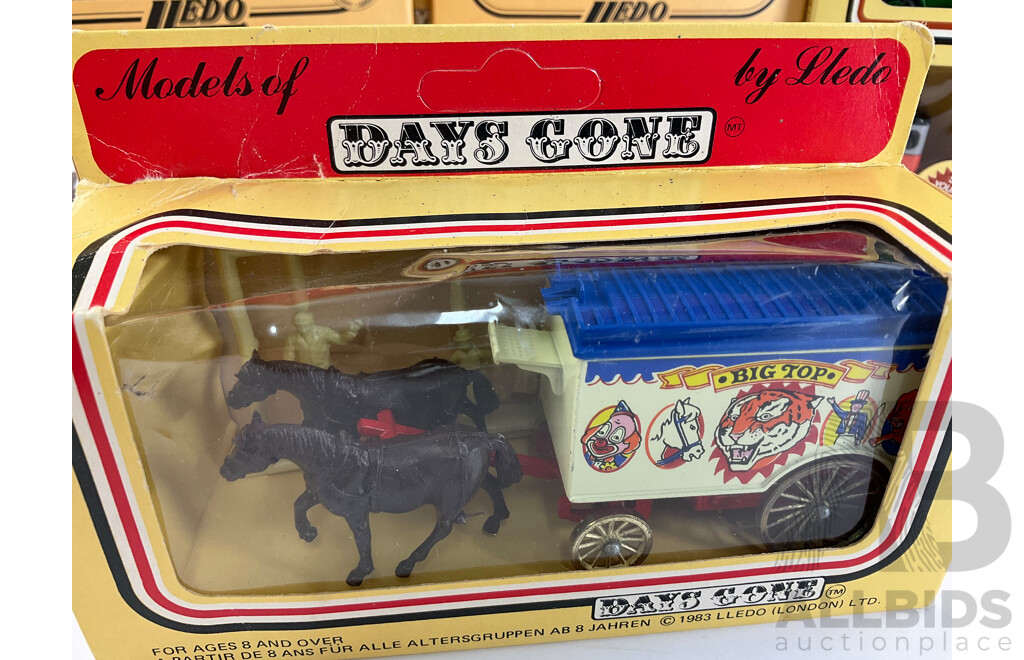 Collection of Lledo Days Gone Diecast Vehicles Including Trucks, Buses and Horse Drawn Carriages