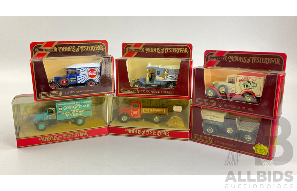 Matchbox Models of Yesteryear Trucks Including 1930 Mack, 1939 Bedford, 1910 Renault, 1929 Morris, 1930 Ford Model A