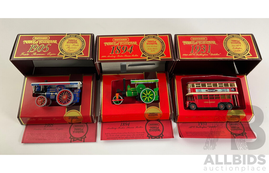 Three Vintage Matchbox Models of Yesteryear Including 1894 Avling Porter Steam Roller, 1905 Fowler Showman's Engine, 1931 AEC 'Diddler' Trolley Bus