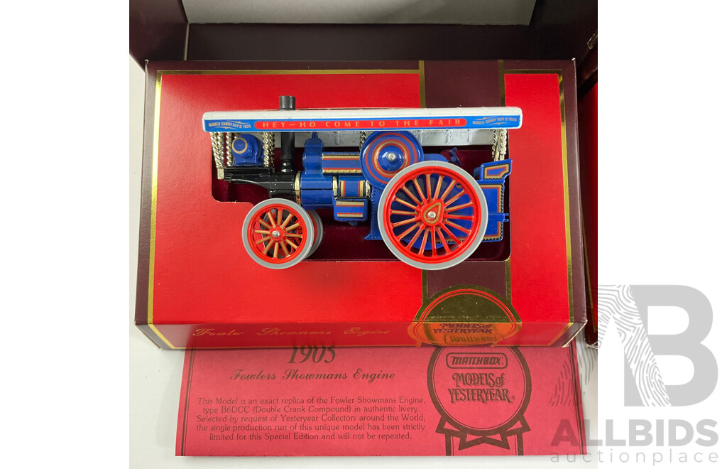 Three Vintage Matchbox Models of Yesteryear Including 1894 Avling Porter Steam Roller, 1905 Fowler Showman's Engine, 1931 AEC 'Diddler' Trolley Bus