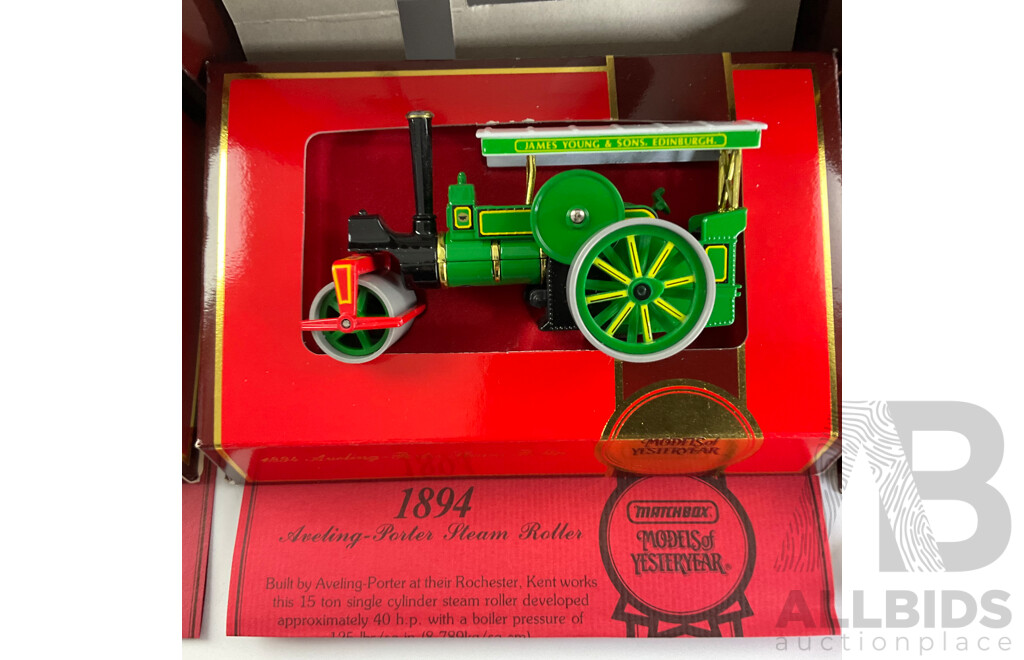Three Vintage Matchbox Models of Yesteryear Including 1894 Avling Porter Steam Roller, 1905 Fowler Showman's Engine, 1931 AEC 'Diddler' Trolley Bus