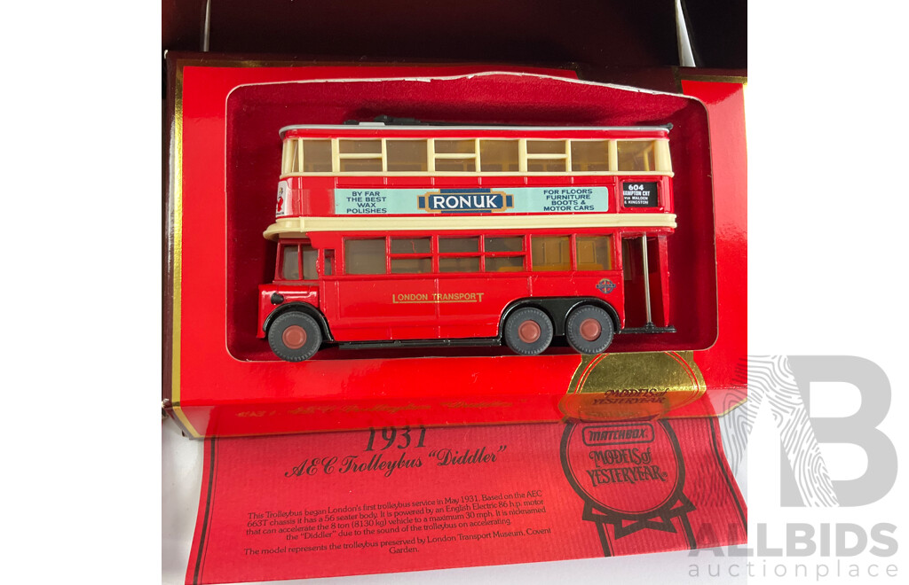 Three Vintage Matchbox Models of Yesteryear Including 1894 Avling Porter Steam Roller, 1905 Fowler Showman's Engine, 1931 AEC 'Diddler' Trolley Bus