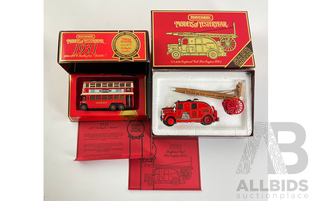 Vintage Matchbox Models of Yesteryear 1936 Leyland Cub Fire Engine and 1931 AEC 'Diddler' Trolley Bus