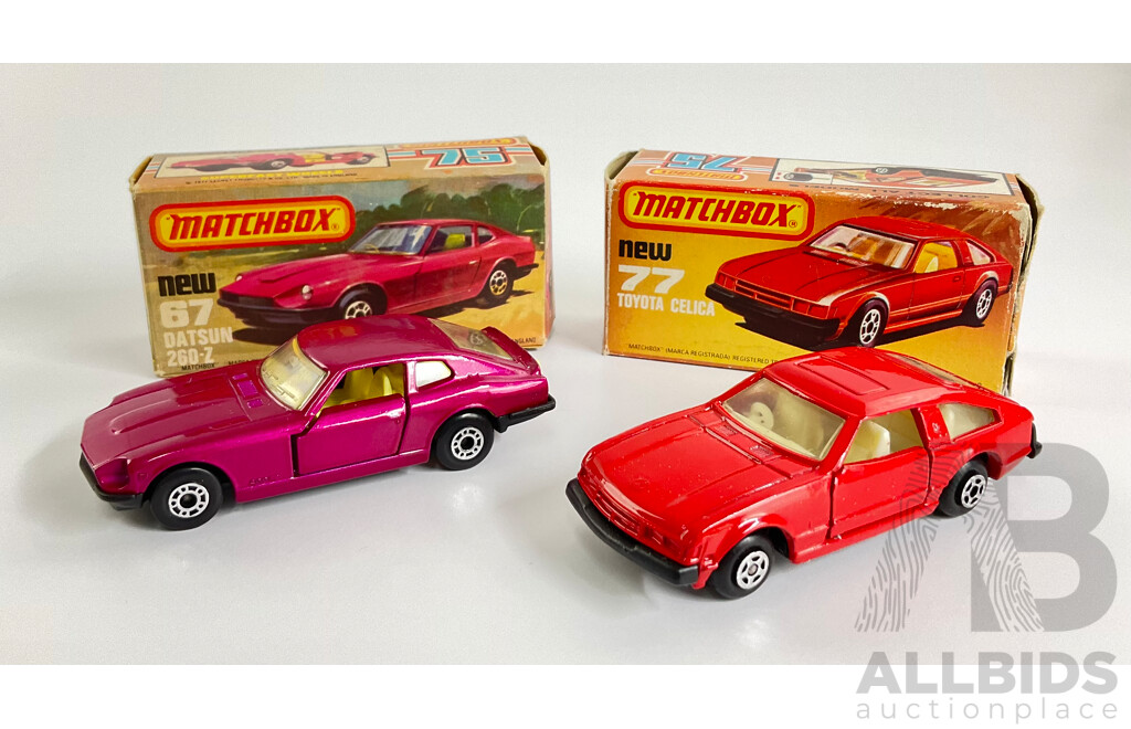 Vintage Matchbox 75 Datsun 260Z and Toyota Celica with Original Boxes