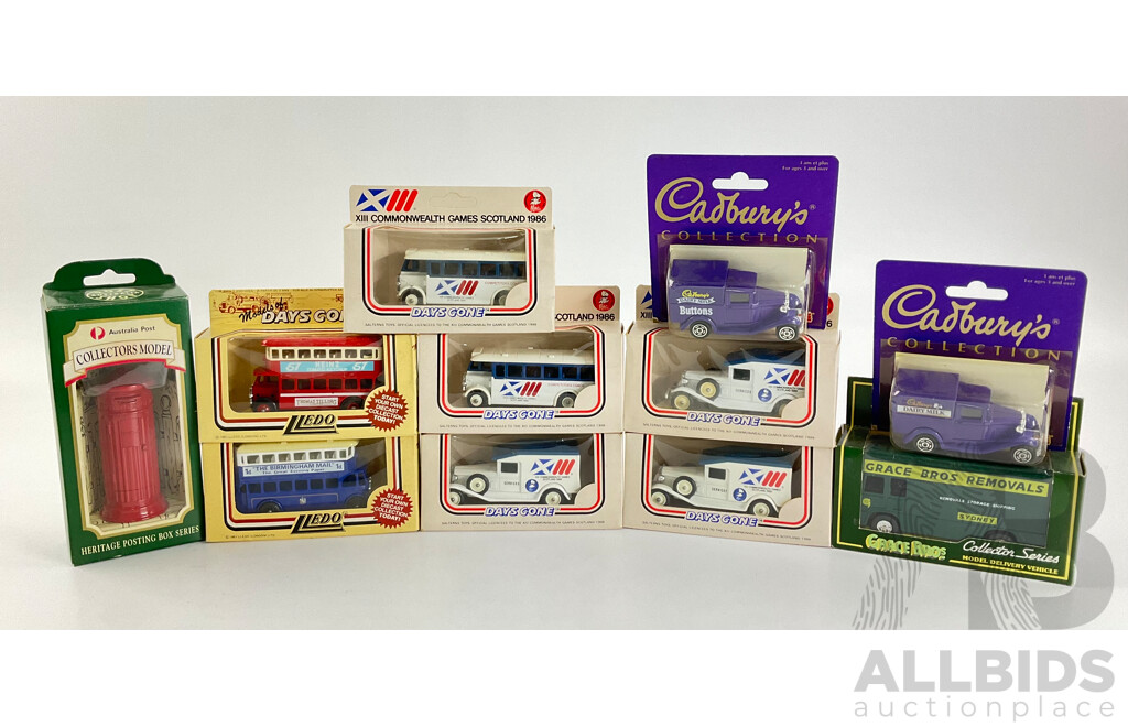 Collection of Diecast Trucks and Buses Including Days Gone 1986 Scotland Commonwealth Games, UK Buses, Cadbury's Rucks, Grace Brothers Removals Truck