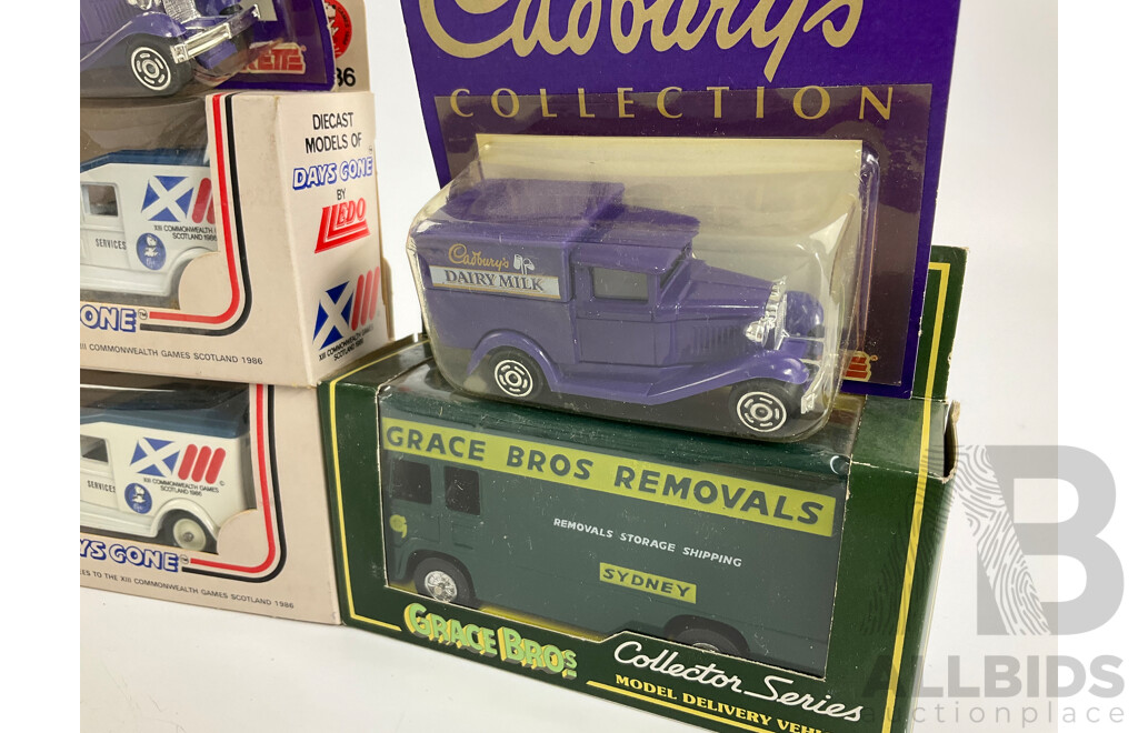 Collection of Diecast Trucks and Buses Including Days Gone 1986 Scotland Commonwealth Games, UK Buses, Cadbury's Rucks, Grace Brothers Removals Truck