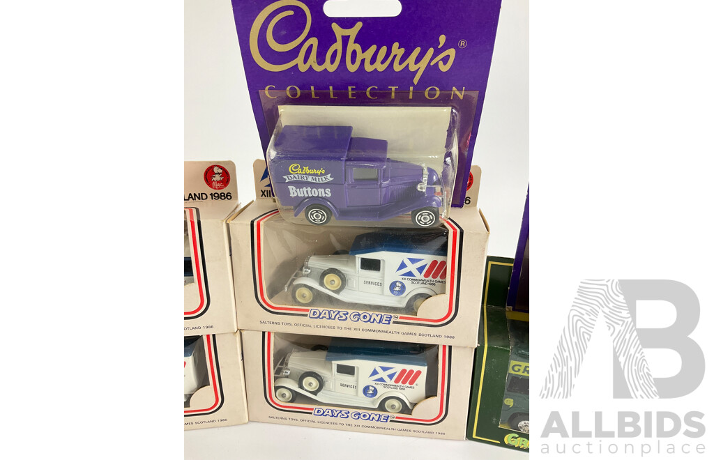 Collection of Diecast Trucks and Buses Including Days Gone 1986 Scotland Commonwealth Games, UK Buses, Cadbury's Rucks, Grace Brothers Removals Truck