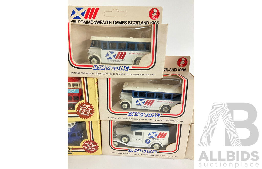 Collection of Diecast Trucks and Buses Including Days Gone 1986 Scotland Commonwealth Games, UK Buses, Cadbury's Rucks, Grace Brothers Removals Truck