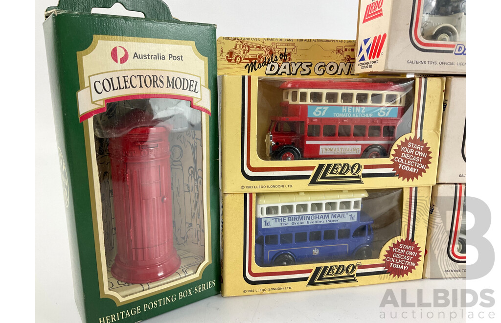 Collection of Diecast Trucks and Buses Including Days Gone 1986 Scotland Commonwealth Games, UK Buses, Cadbury's Rucks, Grace Brothers Removals Truck