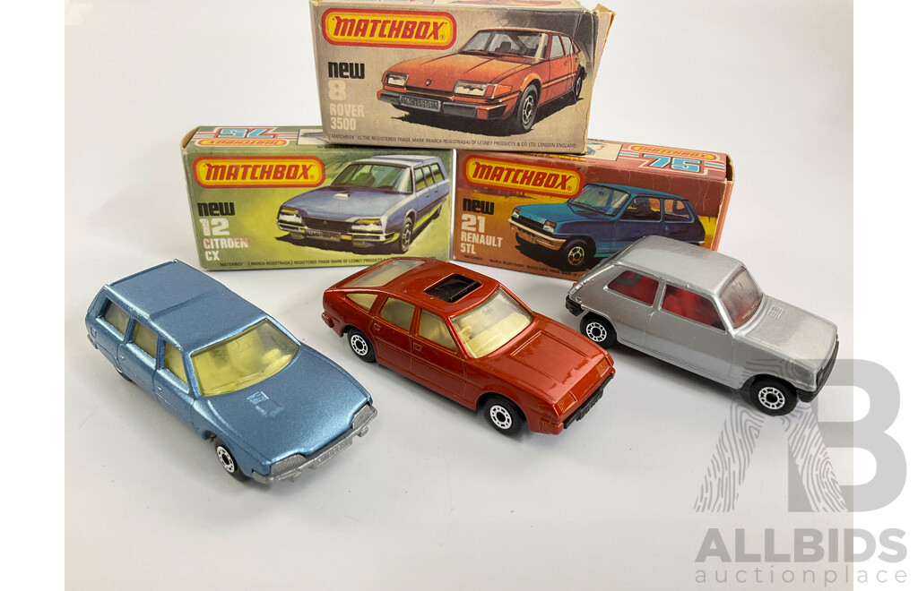 Vintage Matchbox 75 Vehicles Including Rover 3500, Citroen CX, Renault 5Tl with Original Boxes