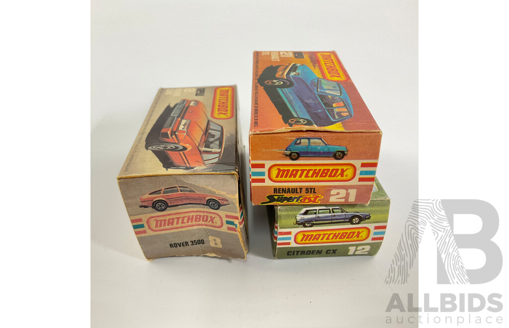 Vintage Matchbox 75 Vehicles Including Rover 3500, Citroen CX, Renault 5Tl with Original Boxes