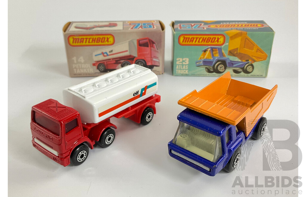 Vintage Matchbox 75 Trucks Including Atlas and Leyland Petrol Tanker with Original Boxes