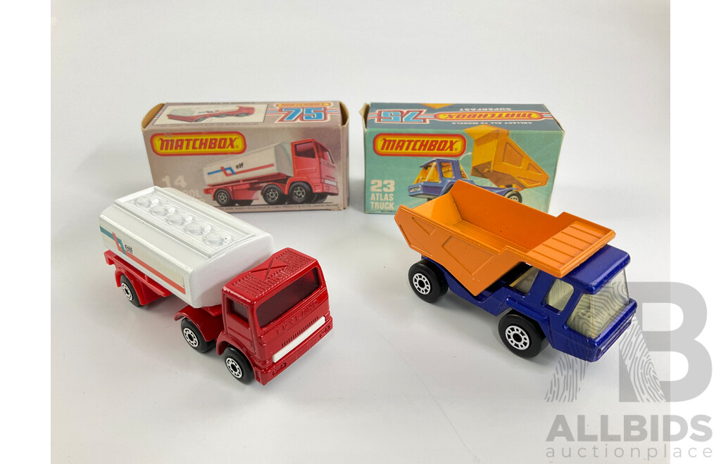 Vintage Matchbox 75 Trucks Including Atlas and Leyland Petrol Tanker with Original Boxes