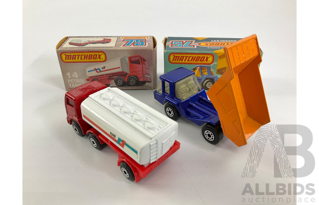 Vintage Matchbox 75 Trucks Including Atlas and Leyland Petrol Tanker with Original Boxes