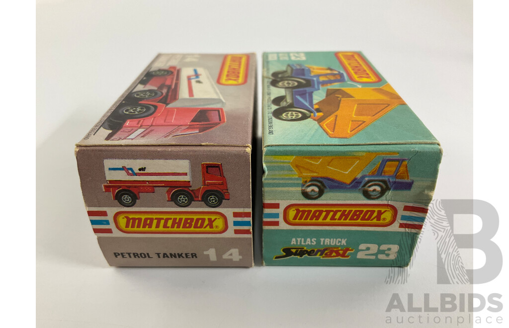 Vintage Matchbox 75 Trucks Including Atlas and Leyland Petrol Tanker with Original Boxes
