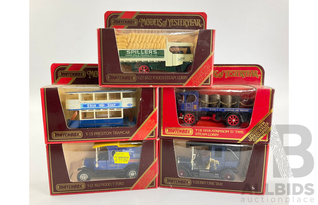 Vintage Matchbox Models of Yesteryear Vehicles Including Unic Taxi, 1918 Atkinson, 1912 Model T, Preston Tramcar, 1922 Foden Steam Lorry