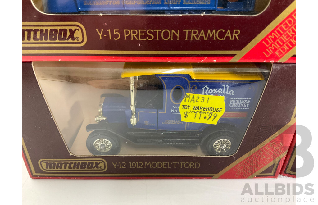 Vintage Matchbox Models of Yesteryear Vehicles Including Unic Taxi, 1918 Atkinson, 1912 Model T, Preston Tramcar, 1922 Foden Steam Lorry